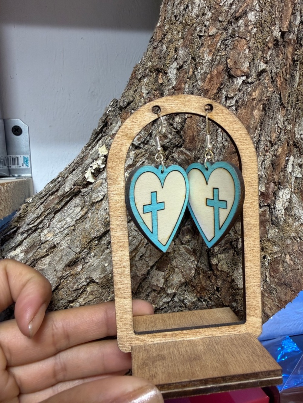 Handmade Turquoise and Natural Wood Heart Cross Earrings Display